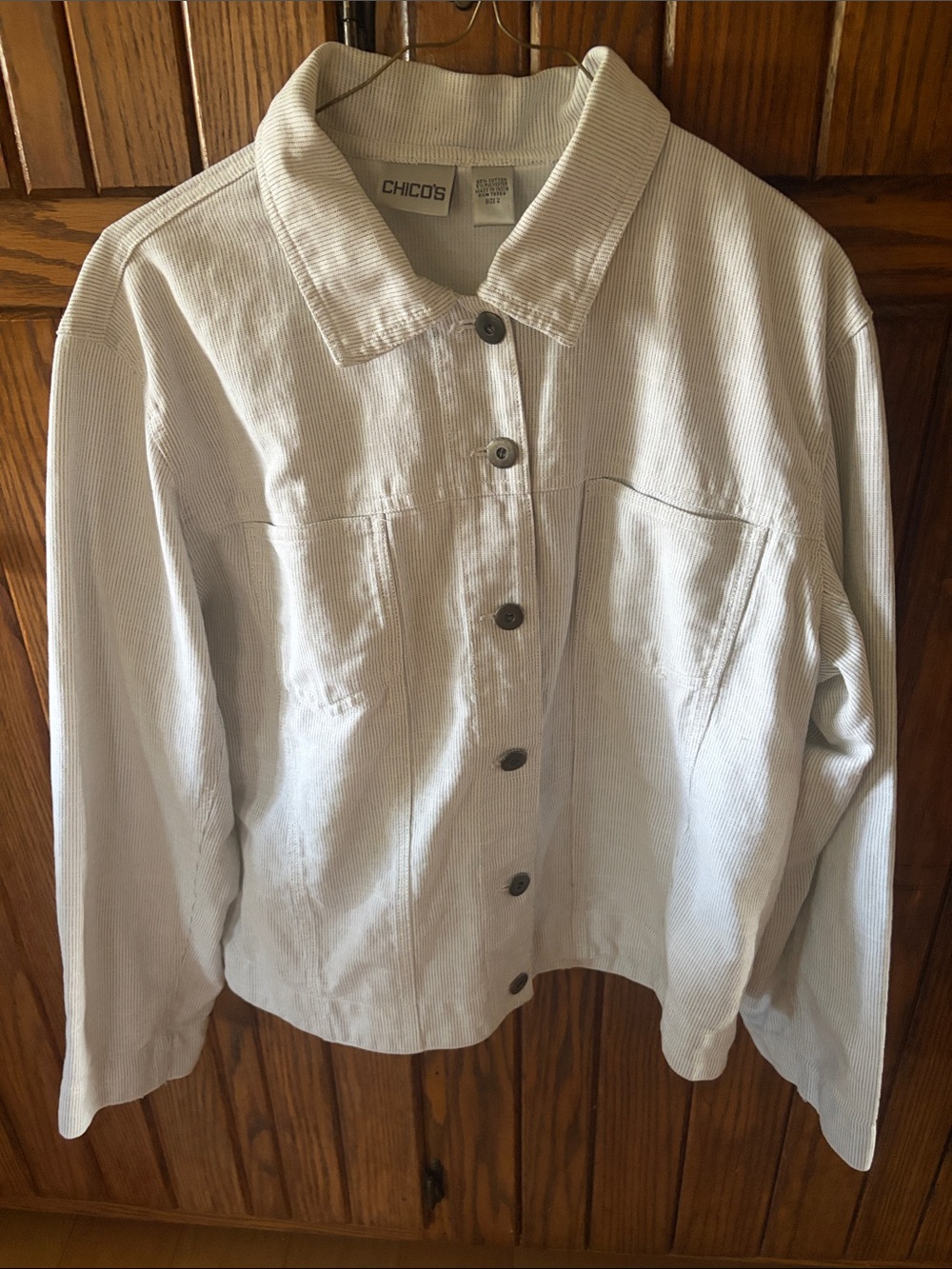 Chico's white with fine black stripes jean jacket  Size 2 or size 12